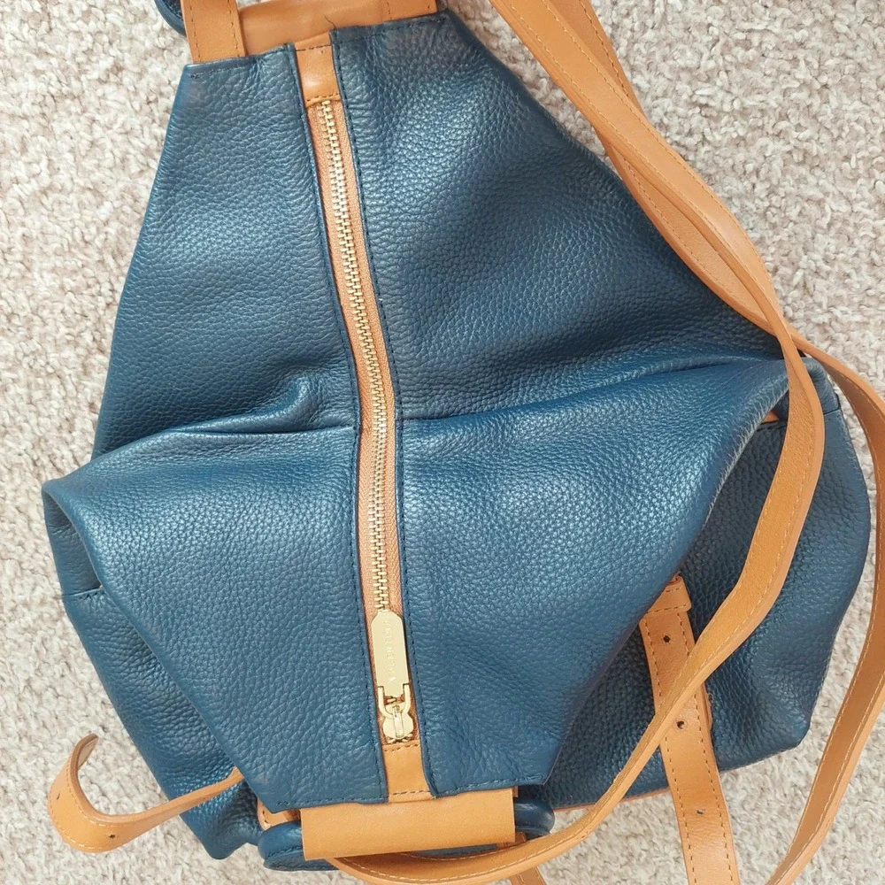 Valentina Italian Leather Navy Tan Convertible Backpack Purse Top‎ Handle Bag